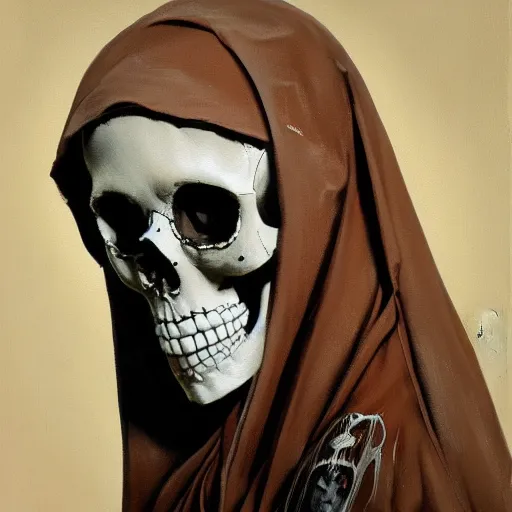 Prompt: painting of the virgin mary skull face with graffiti by greg rutkowski and jc leyendecker