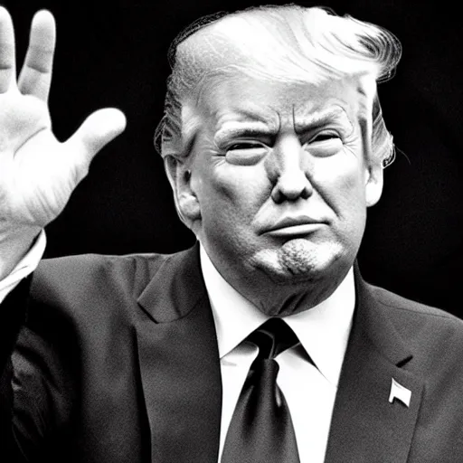 Image similar to a realistic portrait of Donald Trump with tiny hands, black and white photograph, hands are waving