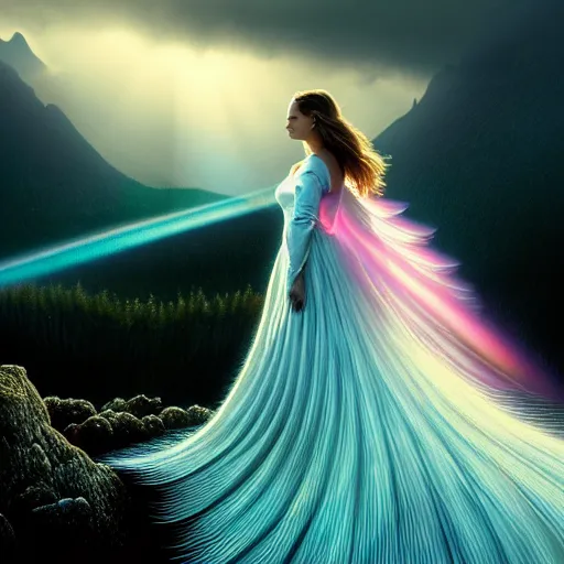 Image similar to royalty angel, big wings, argentina, natalie portman, hudson river school, max rive, full plate armor, f 1 6, bokeh, gentle, female, snowy mountain, storm clouds, god rays, close up portrait, d & d, fantasy, elegant, teal pink white gold color palette, concept art, roger deakins and greg rutkowski and alphonse mucha