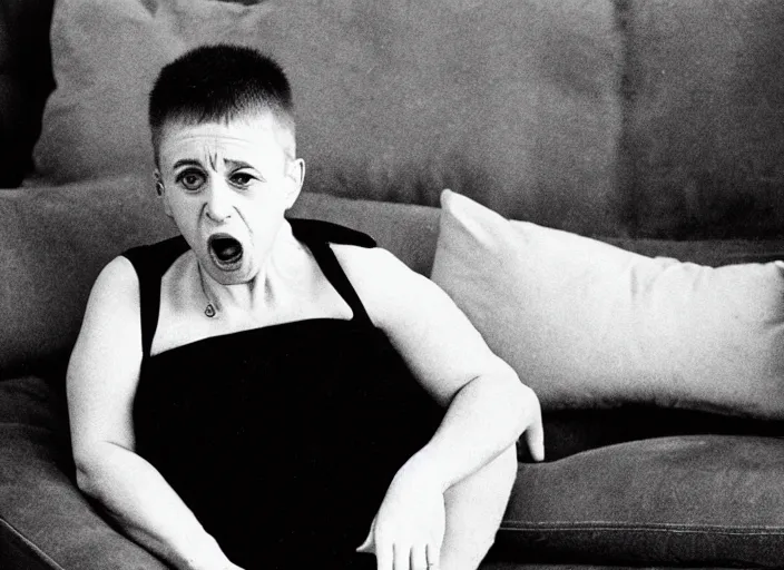 Image similar to kathy acker sitting on a sofa and screaming