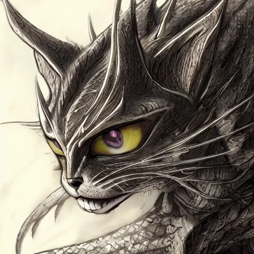 Prompt: a cat as a dragon, scare, highly detailed face, full body, fantasy art, monster art, style of masami kurumada, illustration, epic, fantasy, intricate, hyper detailed, artstation, concept art, smooth, sharp focus, ray tracing