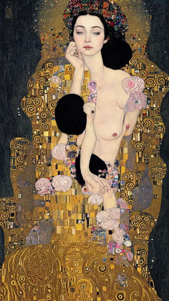 Image similar to a soft and breathtaking detailed painting of a beautiful black haired woman with pale skin and a crown on her head sitted on an intricate metal throne in the style of gustav klimt, blonde hair, shiny gold, elegant, highly detailed, artstation, fluo colors, concept art, matte, sharp focus, art by gustav klimt