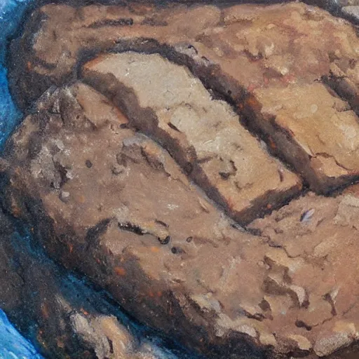 Prompt: a sinister aisolated rock made of hunger, hard brush painting