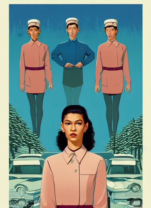 Prompt: poster artwork by Michael Whelan, Bob Larkin and Tomer Hanuka, of portrait of Zendaya wearing light blue diner waitress dress, from scene from Twin Peaks, simple illustration, domestic, nostalgic, from scene from Twin Peaks, clean