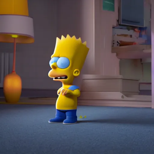 Prompt: film still of Bart Simpson in Monster Inc from Pixar, octane render, volumetric, raytracing, trending on artstation