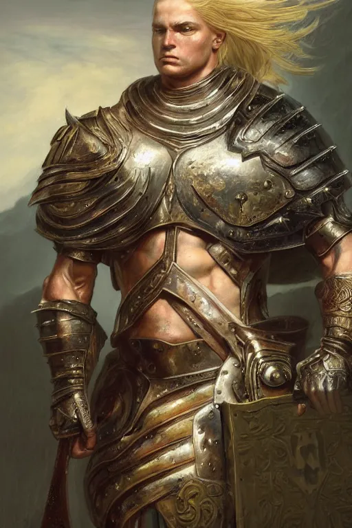 Image similar to a powerful and muscular male warrior , half body portrait, blond hair, ornate armour, realistic oil painting by Thomas Cole and Wayne Barlowe and Boris Valejo