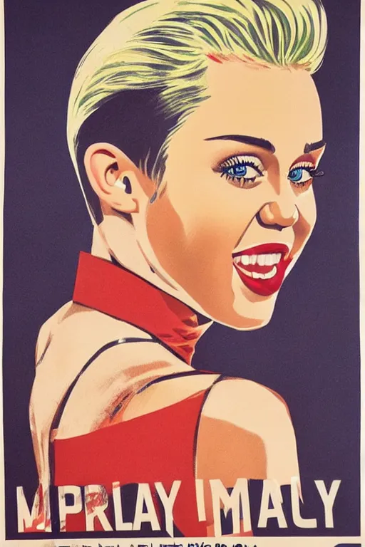 Image similar to propaganda poster, miley cyrus, close up, portrait, shouting