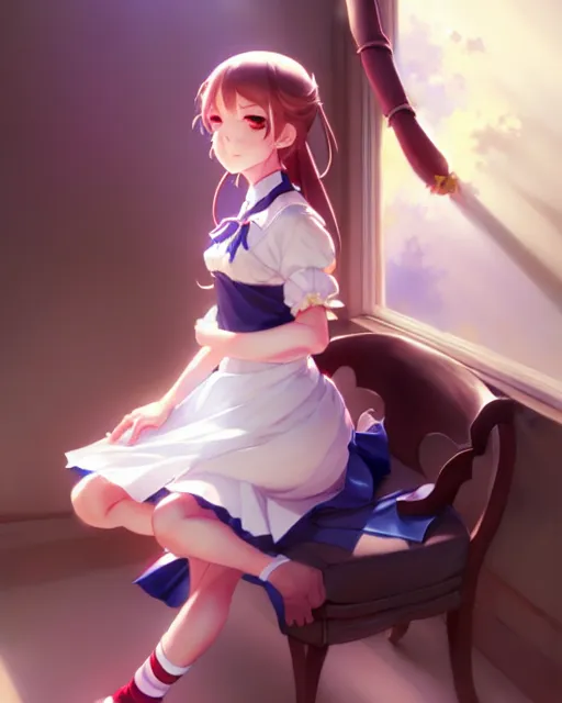 Image similar to young girl in maid uniform by Stanley Artgerm Lau, WLOP, Rossdraws, James Jean, Andrei Riabovitchev, Marc Simonetti, and kyoani, krenz cushart, pixiv