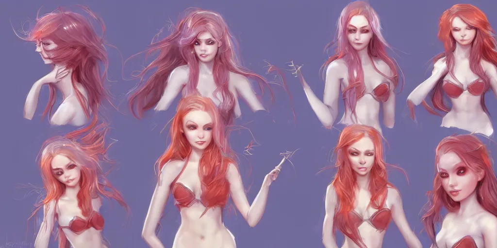 Prompt: concept art of gingerhead cute mermaid, video game characters head designs, unique hair designs, by marc brunet and artgerm