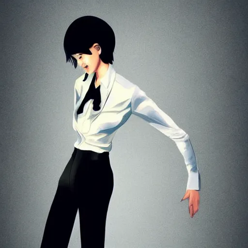 Image similar to slim girl in tuxedo with short black hair, elegant, 2d, ultra highly detailed, digital painting, smooth, sharp focus, artstation, art by Ilya Kuvshinov