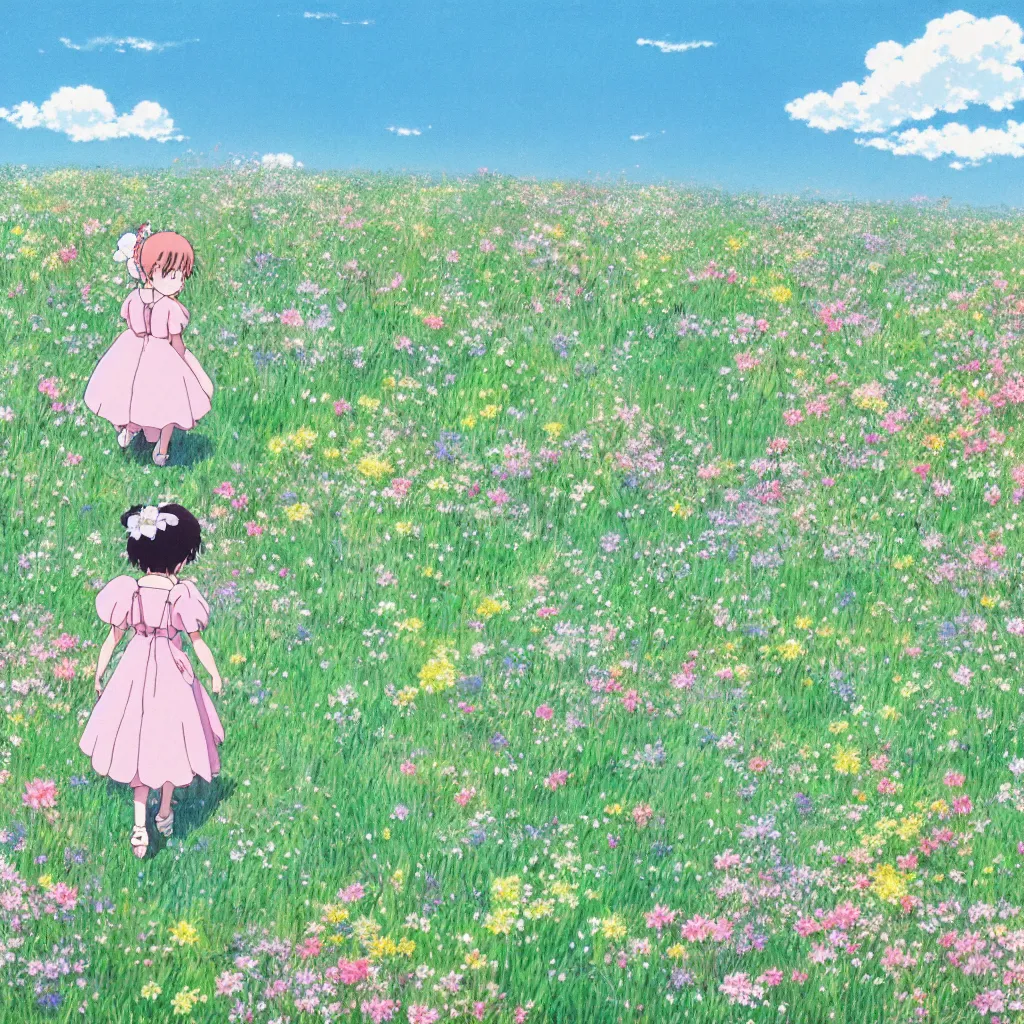 Prompt: little girl in princess dress, walking alone through a field of flowers, puffy clouds, beautiful, summer, calm, studio ghibli, art by hayao miyazaki, makoto shinkai