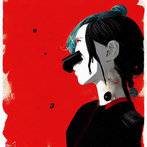 Image similar to Highly detailed portrait of a post-cyberpunk punk young lady with, freckles and beautiful hair by Atey Ghailan, by Loish, by Bryan Lee O'Malley, by Cliff Chiang, inspired by image comics, inspired by graphic novel cover art, inspired by nier, inspired by scott pilgrim !! Gradient red, black and white color scheme ((grafitti tag brick wall background)), trending on artstation