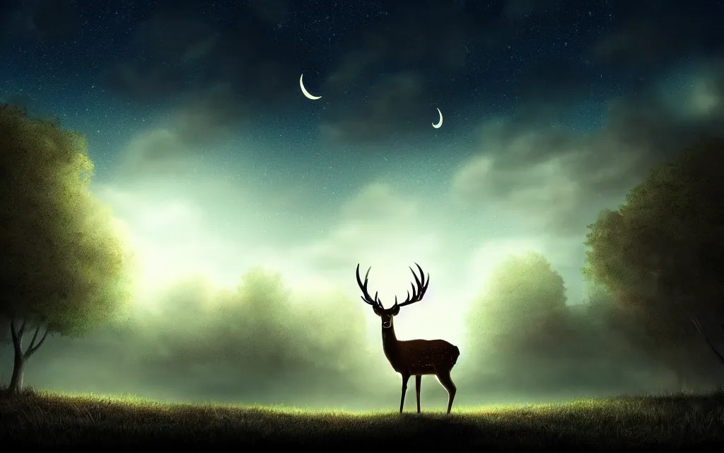 Image similar to a deer in headlights, dark night!, crescent moon, clouds, stars in the sky, trees on either side, beautiful lighting, vivid colors!, highly detailed, cinematic, 4 k, trending on artstation, deviantart featured