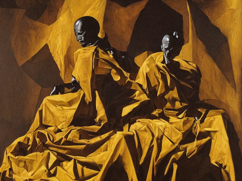 Image similar to hyperrealistic still life oil painting of a 3d sculpture of a monk dressed in black and gold robe, meditating sitting down wrapped in fabric and gently smiling, surrounded by prisms in a tesseract, by Caravaggio and bruce pennington, botanical print, surrealism, vivid colors, serene, golden ratio, minimalism, negative space