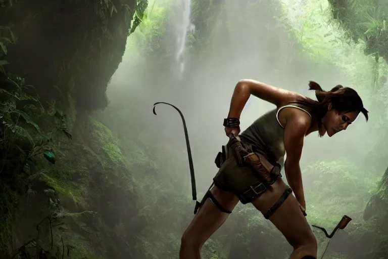 Prompt: Cinematography of Lara Croft discovering in a cave in the amazon jungle by Emmanuek Lubensky