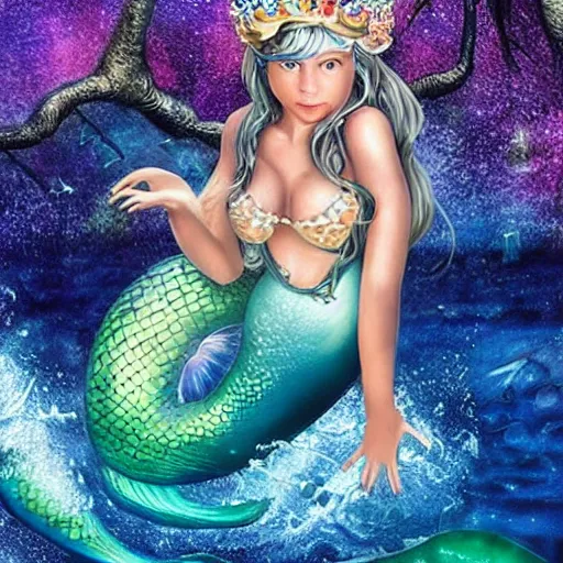 Image similar to an extremely realistic photoart of a fantastic realistic mermaid with an ultra perfect and ultra detailed wild face with beautiful, ultra detailed wild blue eyes a fantastic crown of diamons and a galaxy realistic tail, wearing a two-piece swimsuit full art