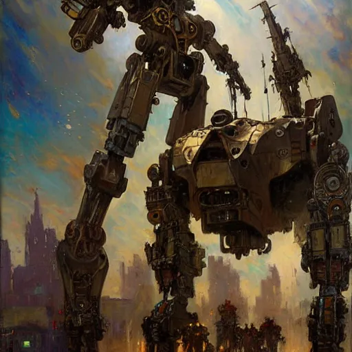 Prompt: six meters tall mech fighting in an urban environment, highly detailed painting by gaston bussiere craig mullins jc leyendecker gustav klimt artgerm greg rutkowski john berkey, bergey, craig mullins, ruan jia, raymond swanland, jeremy mann, tom lovell, alex malveda