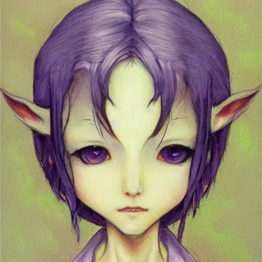 Prompt: little elf tomboy, purple tunic, soft hair. light color palate, detailed soft painting, ayami kojima, made in abyss, anatomically correct, inspired in balthus
