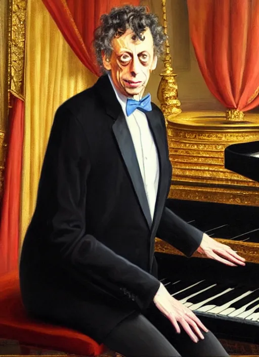 Prompt: a royal portrait of philip glass next to a grand piano, oil on canvas