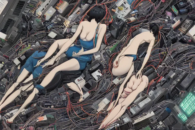 Image similar to a refined cyberpunk illustration of a group of female androids' lying on the floor with their body parts scattered around and cables and wires coming out, by katsuhiro otomo and masamune shirow, hyper-detailed, colorful, view from above, wide angle, close up, white background