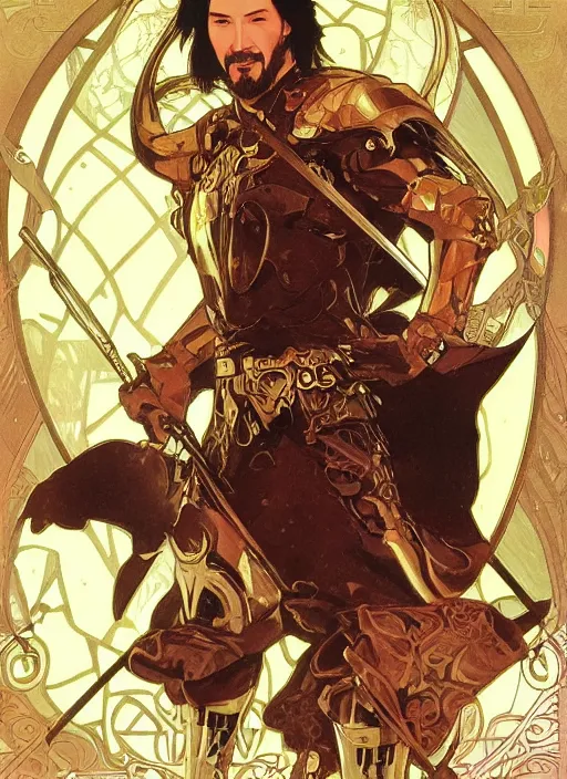 Prompt: keanu reeves in the slumps brown skin golden hair brown leather armor high fantasy dnd smooth sharp focus illustration by rossdraws, alphonse mucha frank fanzzeta