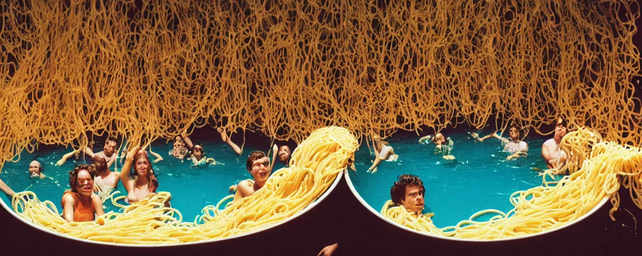 Prompt: a group of people swimming inside a giant bowl of spaghetti, suffocating, canon 5 0 mm, cinematic lighting, photography, retro, film, kodachrome