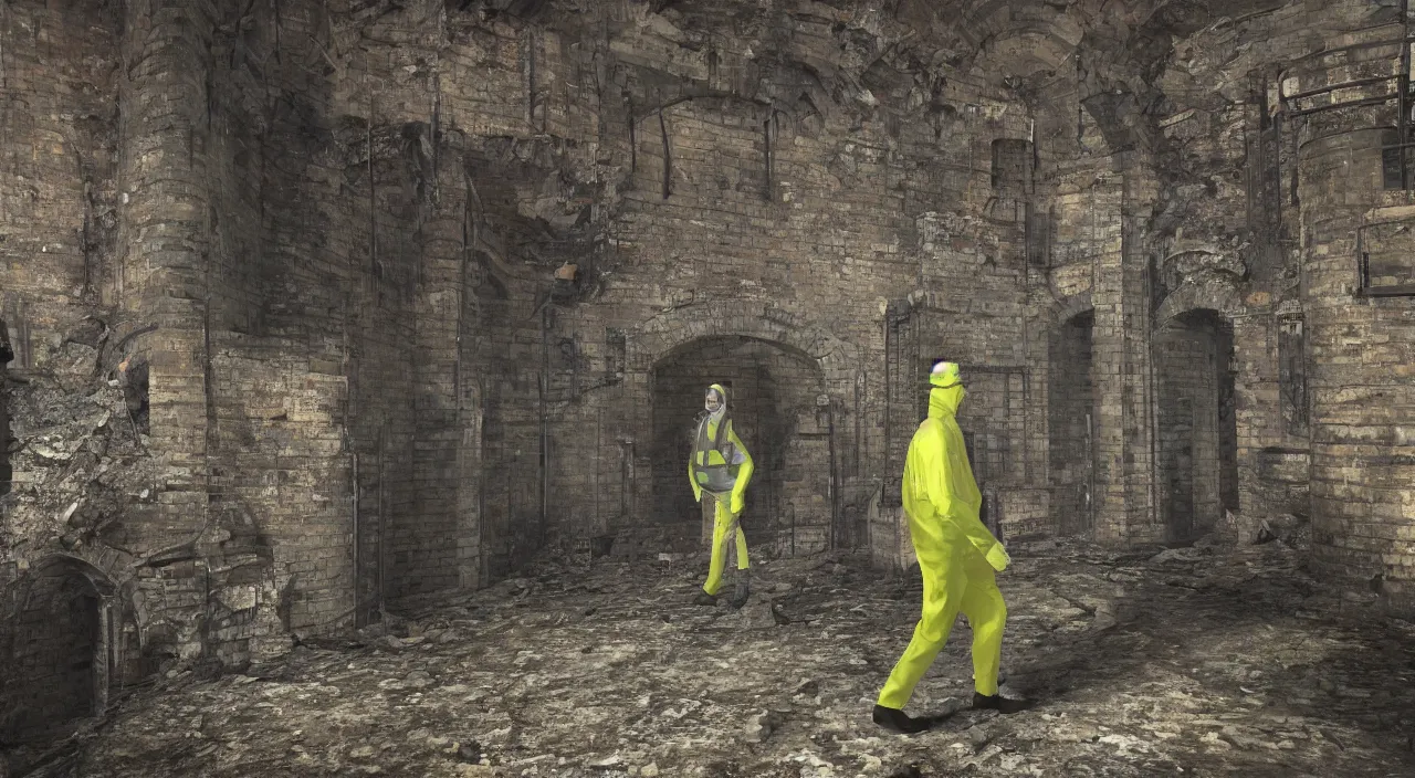 Prompt: a single man in hi viz hazmat suit wanders around a crumbling victorian london sewer, stunning render, high octane, 3 d, cinematic lighting