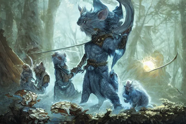 Prompt: dungeons and dragons fantasy painting, close order phalanx of mice spartans, 3 0 0, whimsical and cute, determined expressions, watery blue eyes, anime inspired, white fur, tufty whiskers, steel blades, dawn lighting, in an autumn glade by brain froud jessica rossier and greg rutkowski