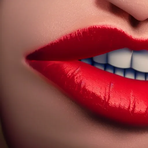 Image similar to a 3 d render of a lusty blonde woman with lucious red lips opening her mouth and sticking out her tongue ue 4 photorealism artstation