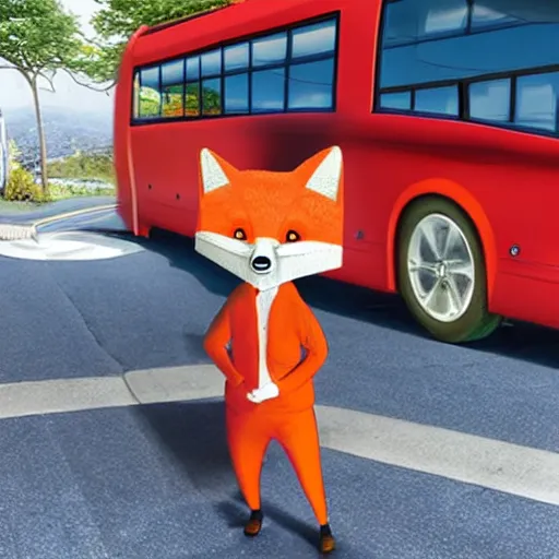 Prompt: anthropomorphic red fox driving bus