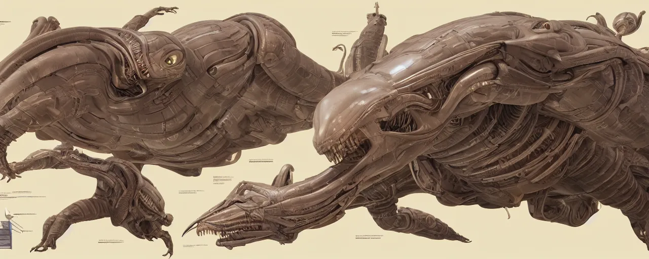Image similar to schematic diagram of alien boss, biology, book, page, detailed, cross section, trending on artstation, cgsociety, Ralph McQuarrie and Greg Rutkowski