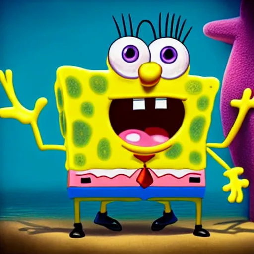 Image similar to SpongeBob squarepants, perfect eyes, full body shot, portrait, vivid colors, elegant, concept art, sharp focus, digital art, Hyper-realistic, 4K, Unreal Engine, Highly Detailed, HD, Dramatic Lighting by Brom, trending on Artstation