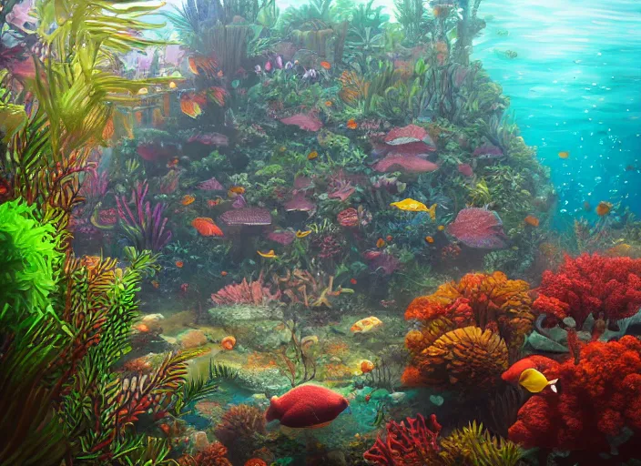 Image similar to overgrown foliage overtaking favela, underwater, colorful coral reef, scenery, professional, award - winning, trending on artstation, detailed, realistic, beautiful, emotional, shiny, golden, picture