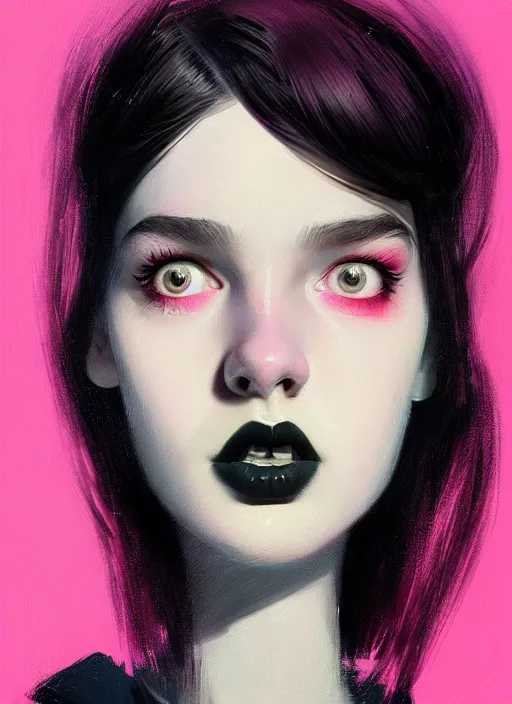 Image similar to portrait of a teen girl with a crooked nose and a confident expression, 1 9 6 0 s, black clothes, goth, punk, brightly coloured hair, funk, intricate, elegant, highly detailed, digital painting, artstation, concept art, smooth, sharp focus, illustration, art by wlop, mars ravelo and greg rutkowski