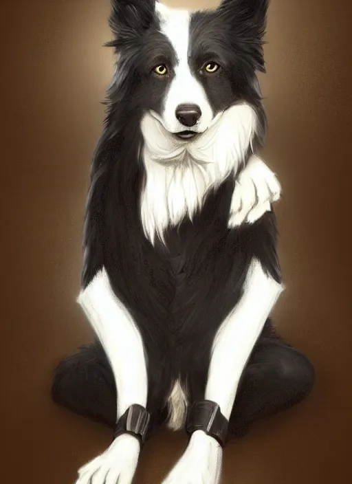 Image similar to wide angle beautiful full body portrait of a strong male anthropomorphic anthro border collie fursona in a suit sitting in a parlor room, character design by charlie bowater, henry asencio, and ross tran, disney, detailed, sharp focus, matte, aesthetic, trending on artstation, furaffinity, deviantart