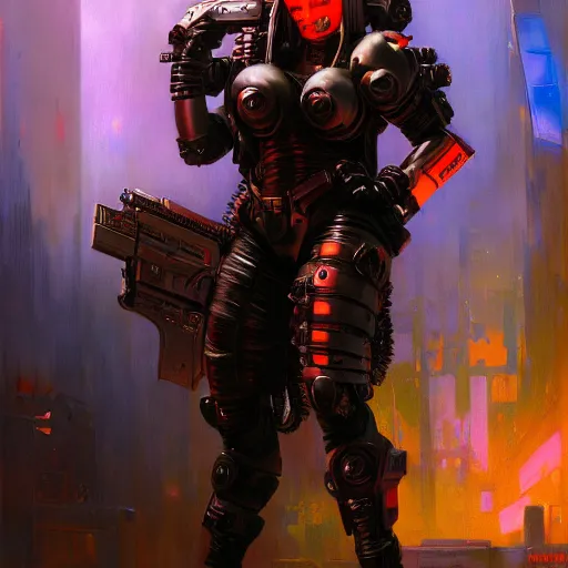 Prompt: a cybergoth Doom Slayer, dystopian mood, vibrant colors, sci-fi character portrait by gaston bussiere, craig mullins, Simon Bisley, curvy, wide hips