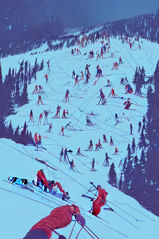 Image similar to by moebius and atey ghailan | the bottom of a ski slope with a huge pile of tangled up skiers |