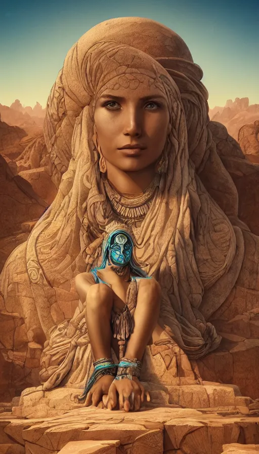 Image similar to giant stone monuments, statues across the desert, neon, tribal, goddess, fibonacci, sweat drops, insane, pinup, intricate, highly detailed, digital painting, artstation, concept art, smooth, sharp focus, illustration, Unreal Engine 5, 8K, art by artgerm and greg rutkowski and alphonse mucha