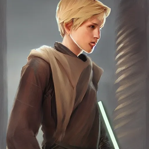 Prompt: full body Over-the-Shoulder Shot of a young blonde male jedi with short hair concept art by Doug Chiang cinematic concept art, realistic painting, high definition, digital art, matte painting, symmetrical, very detailed, realistic, dramatic lighting, cinematic, establishing shot, extremely high detail, photo realistic, cinematic lighting, post processed, concept art, artstation, matte painting, red color scheme, the Mandalorian concept art style