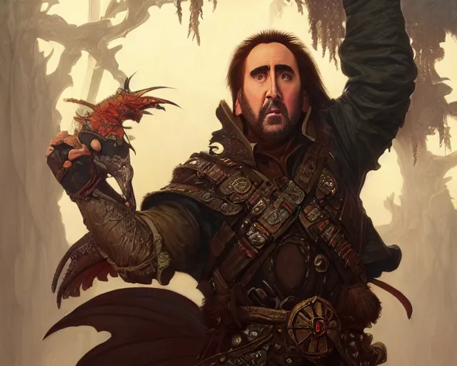 Image similar to if nicolas cage was a halfling from d & d, deep focus, d & d, fantasy, intricate, elegant, highly detailed, digital painting, artstation, concept art, matte, sharp focus, illustration, hearthstone, art by artgerm and greg rutkowski and alphonse mucha