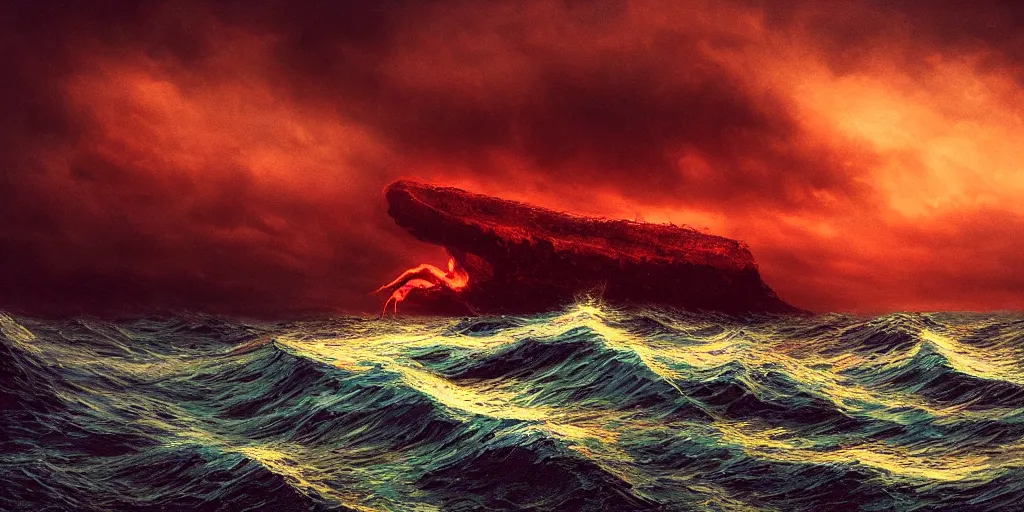 Image similar to Beautifully hellish Seascape photography of monster from loch ness, by Carr Clifton, by Galen Rowell #film Kodak Ektar 8k resolution; Night on a fantasy world, concept art by Daniel Lieske, by Dan Witz 8K 3D 16K