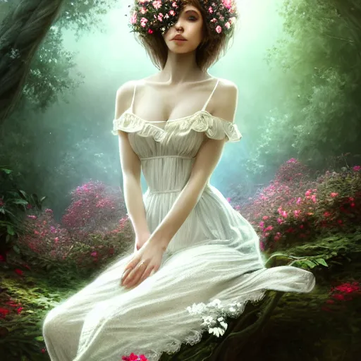 Image similar to a picture of a beautiful woman in a white lace dress and covered in flowers and leaves sitting overlooking an enchanted forest, high fantasy, elegant, epic, detailed, intricate, digital painting, concept art, realistic detailed face, smooth, focus, rim light and volumetric light through the trees,