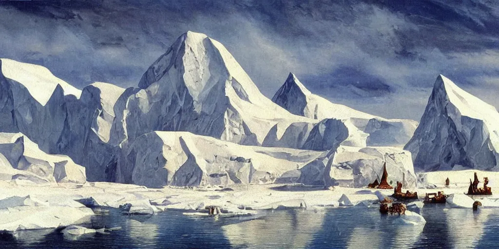 Image similar to Antarctica with pyramids, oil painting, highly detailed, artwork, in style of Albert bierstadt