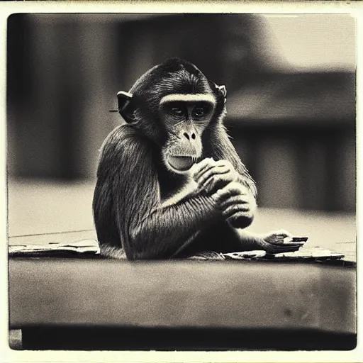 Image similar to sepia polaroid of a monkey eating a hot dog on a rooftop in the rain, hyper realistic, dark, gothic, nightcore, 4 k, highly detailed, beautifully rendered