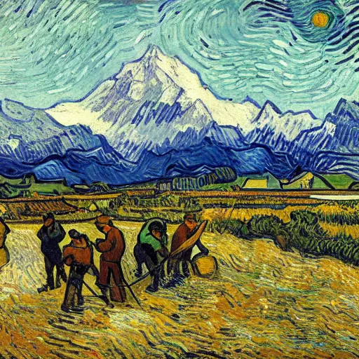 Prompt: peasants working in fields in front of aoraki mt cook, new zealand, painted by vincent van gogh