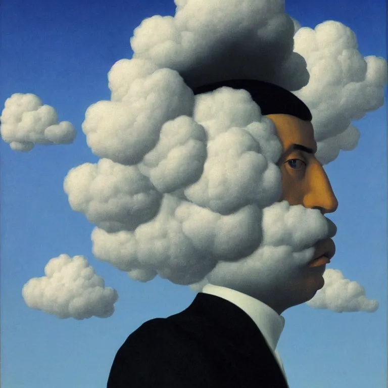 Image similar to portrait of a cloud head man by rene magritte, detailed painting, hd, hq, high resolution, high detail, 4 k, 8 k