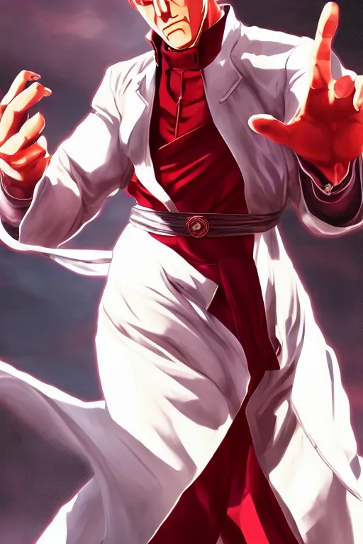 Image similar to character art, full body, geese howard, nice suit, artstation, pixiv, lineart, light skin tone, highly detailed, volumetrics, anime, manga, in the style of hiroaki hashimoto