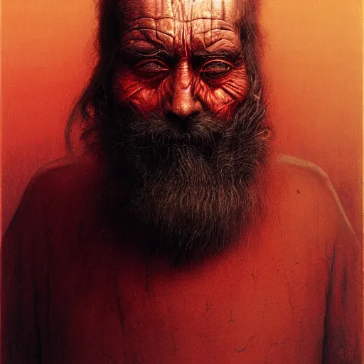 Image similar to Angry Bearded Miner portrait, dark fantasy, red and gold, artstation, painted by Zdzisław Beksiński and Wayne Barlowe