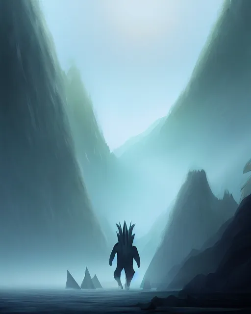 Image similar to concept art for a tall smooth, sleek kaiju creature, walking through a mountain range, fog, mountains in the distance | | epic - fine - clean, polished, trending on artstation, anime style, brush strokes