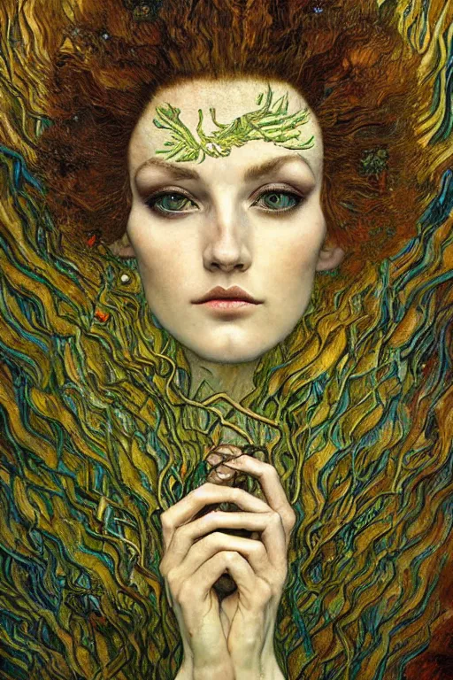 Image similar to Nature by Karol Bak, Jean Deville, Gustav Klimt, and Vincent Van Gogh, beautiful organic portrait, visionary, hair made of trees, verdant, life, botanicals, otherworldly, fractal structures, ornate gilded medieval icon, third eye, spirals